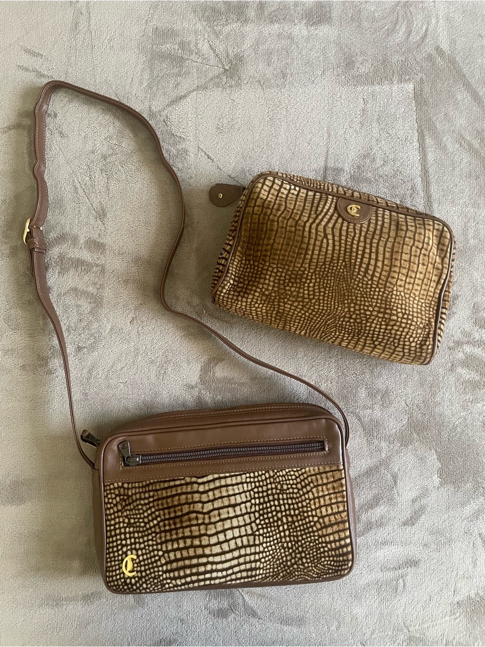Vintage Castioni Italy Matching Leather Travel Set Crossbody & Cosmetic Bag